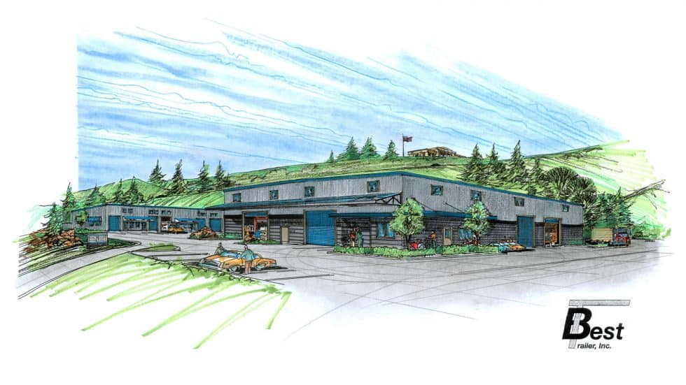 Modern commercial building exterior sketch with landscape surroundings and parking lot - designed by Lauren Anderson Design for better business space visualization.