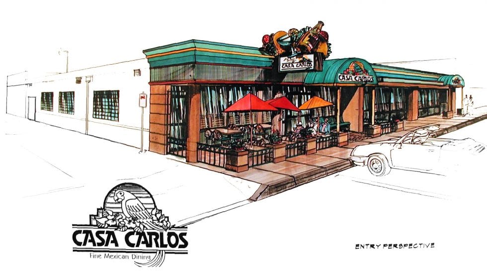 Colorful restaurant exterior illustration of Casa Carlos Mexican Dining with outdoor seating, umbrellas, and vibrant signage; perfect for restaurant design, branding, and hospitality marketing.