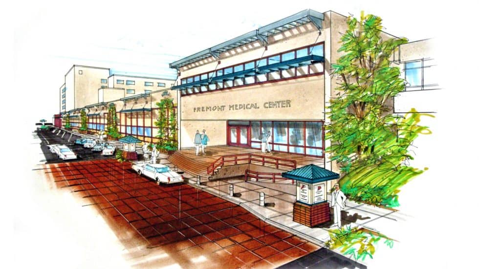 Modern architectural illustration of Fremont Medical Center showcasing innovative design, lush landscaping, and accessible entryways, emphasizing healthcare architecture and professional medical facility planning.