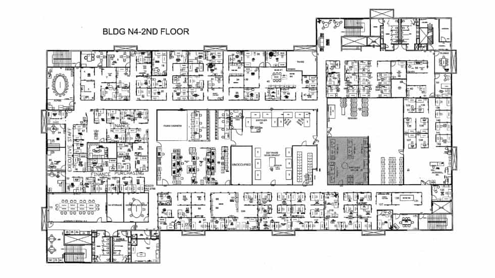 A detailed architectural floor plan for the second floor of a commercial building designed by Lauren Anderson Design, showcasing office layouts, conference rooms, and common areas.