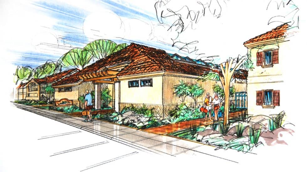 Colorful architectural sketch of a modern residential home with lush landscaping and people enjoying the outdoor space, showcasing Lauren Anderson Design’s innovative home design and landscaping services.