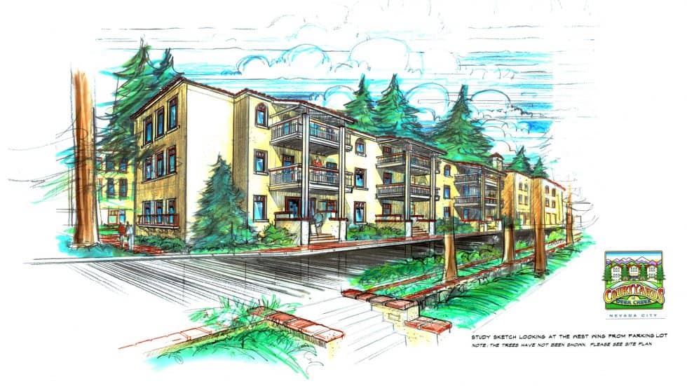 Modern residential apartment building design by Lauren Anderson Design, illustrating architecture with landscaping in Nevada City, CA, featuring detailed sketches of exterior and outdoor spaces.