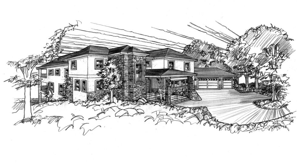 Modern custom home exterior sketch with elegant design, landscaped yard, and spacious driveway showcasing Lauren Anderson Design's architectural expertise.