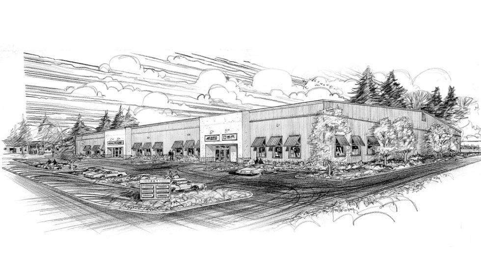 Modern commercial retail building exterior sketch with parking lot and landscaping, designed by Lauren Anderson Design.