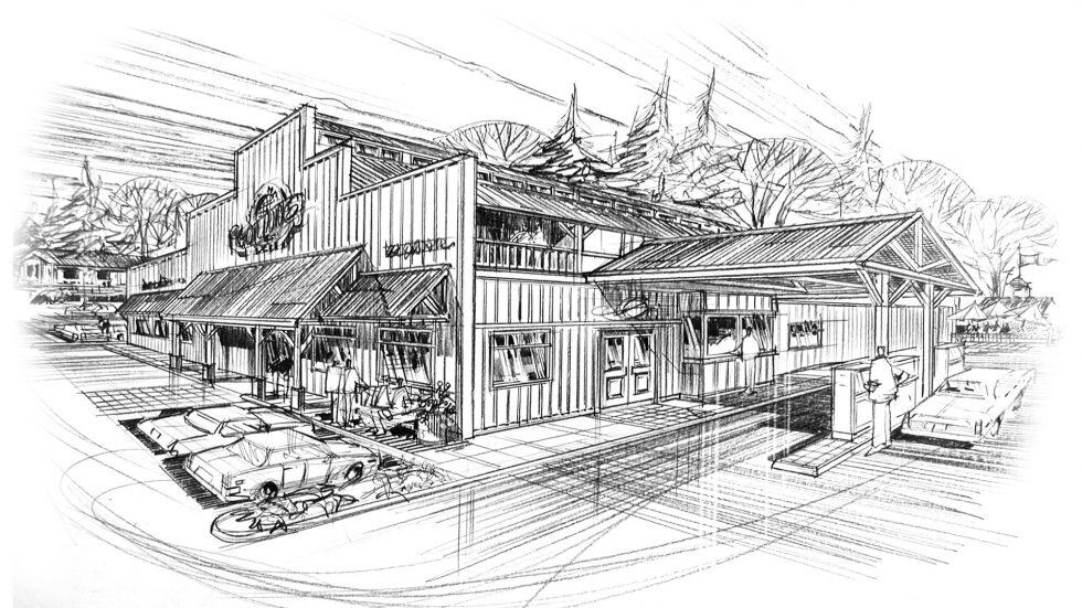 Modern rustic restaurant exterior drawing with outdoor seating area and parking, showcasing Lauren Anderson Design's architectural style and landscape planning expertise.