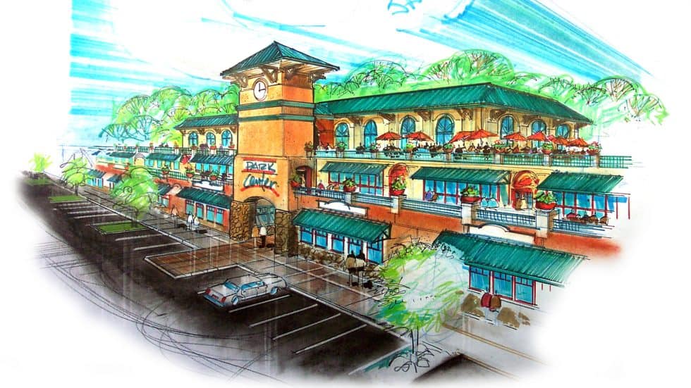 Colorful architectural illustration of Lauren Anderson Design's dining and retail space with outdoor seating and lush greenery, showcasing innovative commercial interior design and branding.