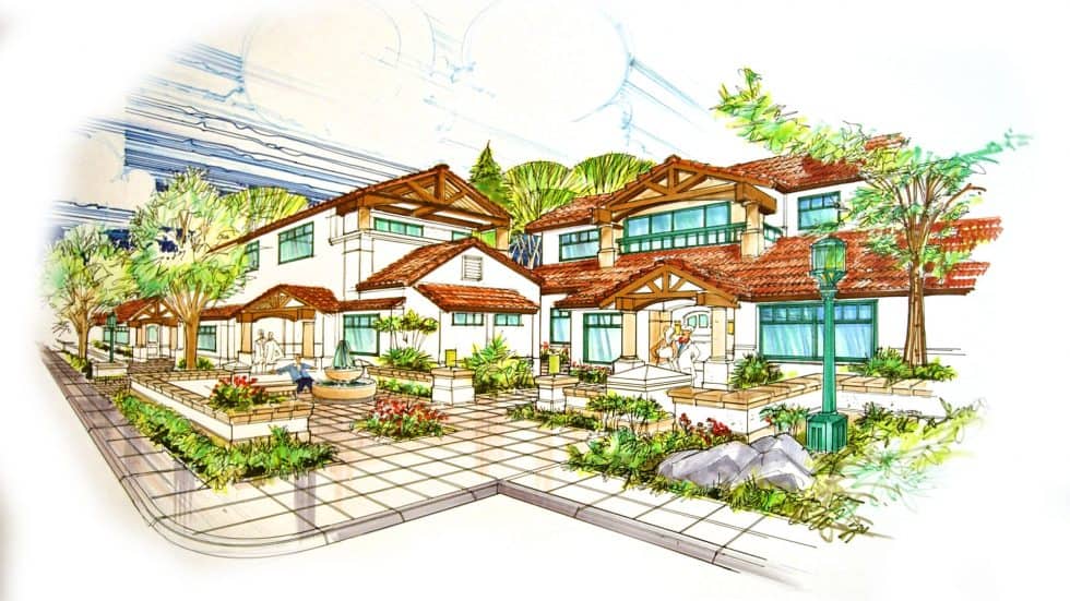 Contemporary residential building design with lush landscaping, outdoor seating areas, and a charming fountain, highlighting landscape architecture and exterior home design by Lauren Anderson Design.