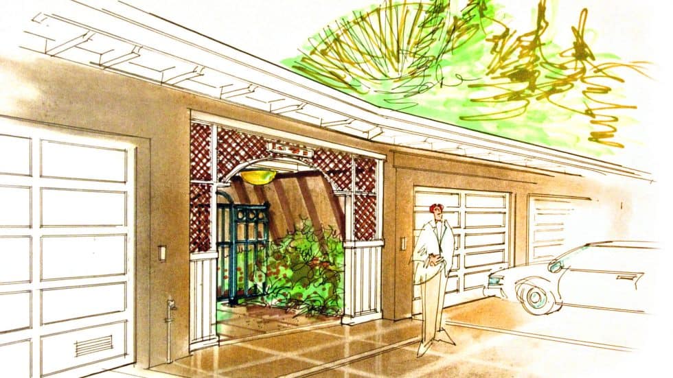 Luxurious modern garage with stylish design, contemporary artwork, and elegant details, featuring a spacious layout, high-end car, and artist sketch of a woman contemplating the space, showcasing interior design expertise.