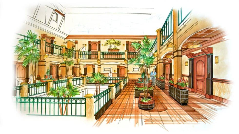 Elegant hotel lobby interior featuring lush greenery, sophisticated woodwork, and classic architectural details, designed by Lauren Anderson Design for stylish hospitality spaces.