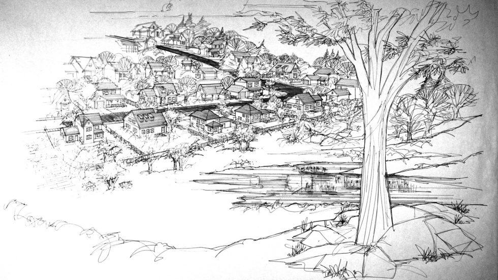 Aerial sketch of a suburban neighborhood with houses, trees, and a pond, capturing the essence of landscape design and architecture. Ideal for showcasing Lauren Anderson Design's expertise in landscape architecture and residential design.