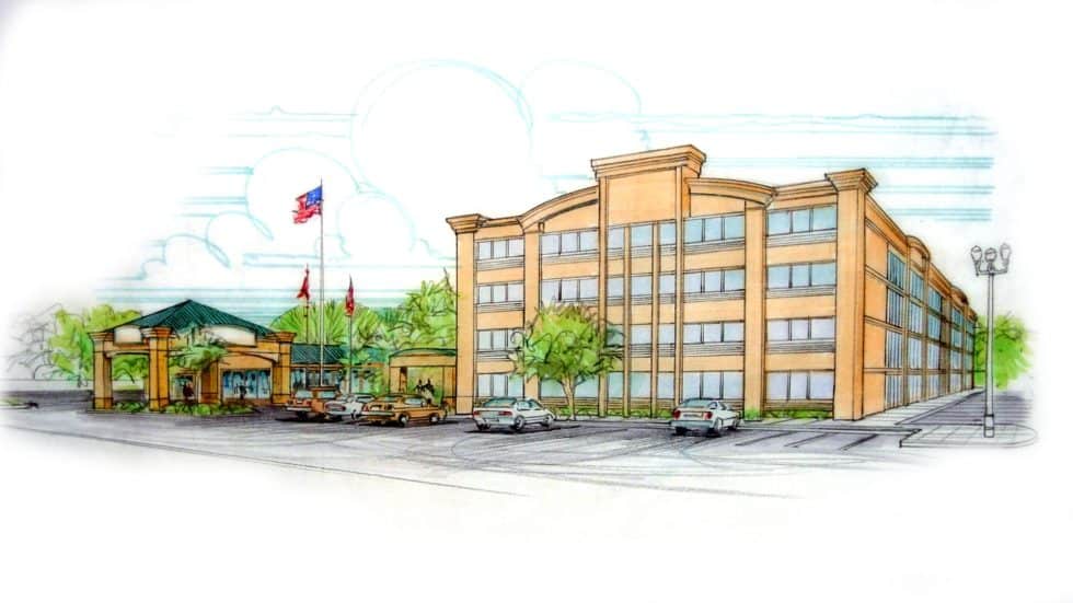 Luxury hotel design sketch, modern architectural rendering, with parking and landscaped surroundings, showcasing contemporary hospitality architecture by Lauren Anderson Design.