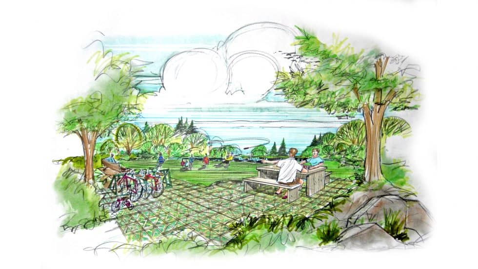 Colorful landscape sketch of a community park design, showcasing outdoor seating areas, lush greenery, children playing, and bike racks, highlighting sustainable and attractive outdoor space planning.