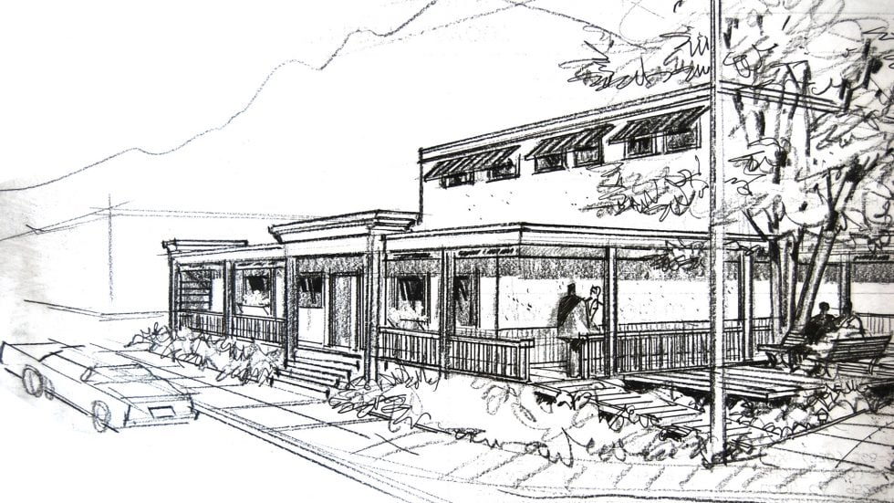 Modern commercial building design sketch by Lauren Anderson Design, showcasing architectural concepts for retail or office spaces with detailed façade and outdoor seating areas.