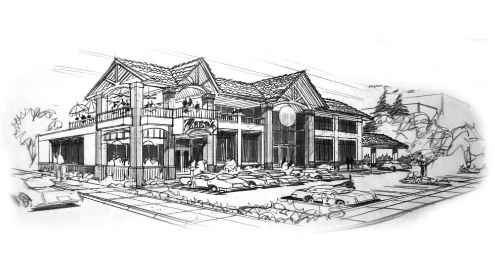 Elegant architectural sketch of Lauren Anderson Design's modern office building with outdoor seating and parking lot, showcasing innovative design and professional interior and exterior home and commercial space solutions.